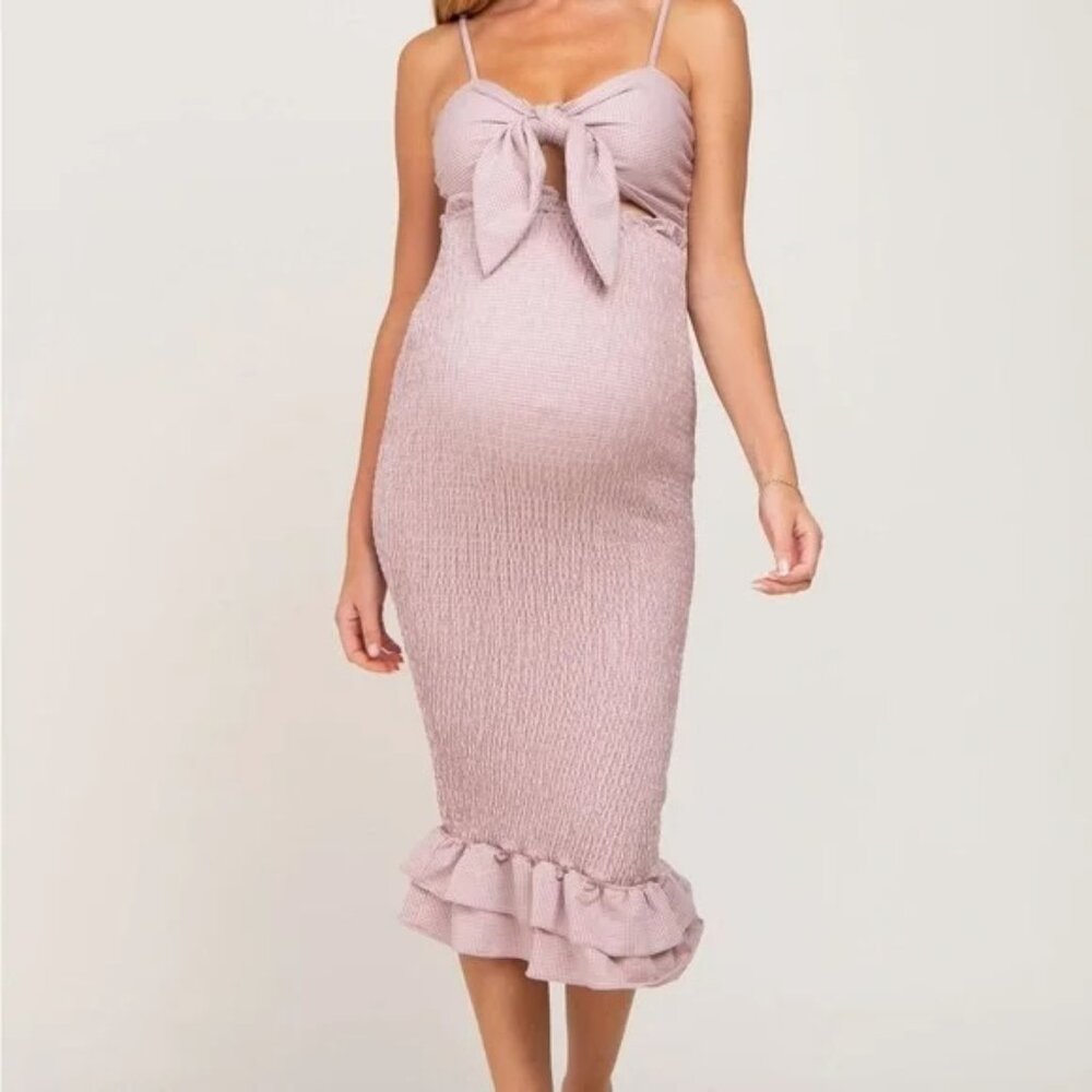 PinkBlush Mauve Gingham Print Smocked Fitted Maternity Midi Dress Sz Small